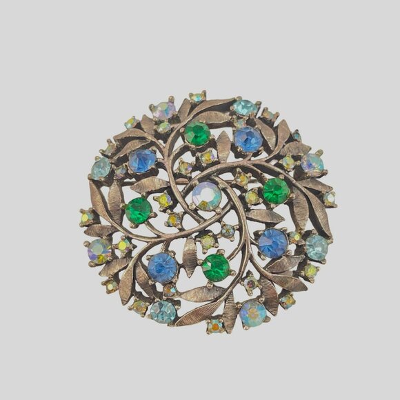 Rare Unsigned Florenza Round Aurora Borealis Blue Green Leaf Brooch Pin Vintage - Picture 3 of 6